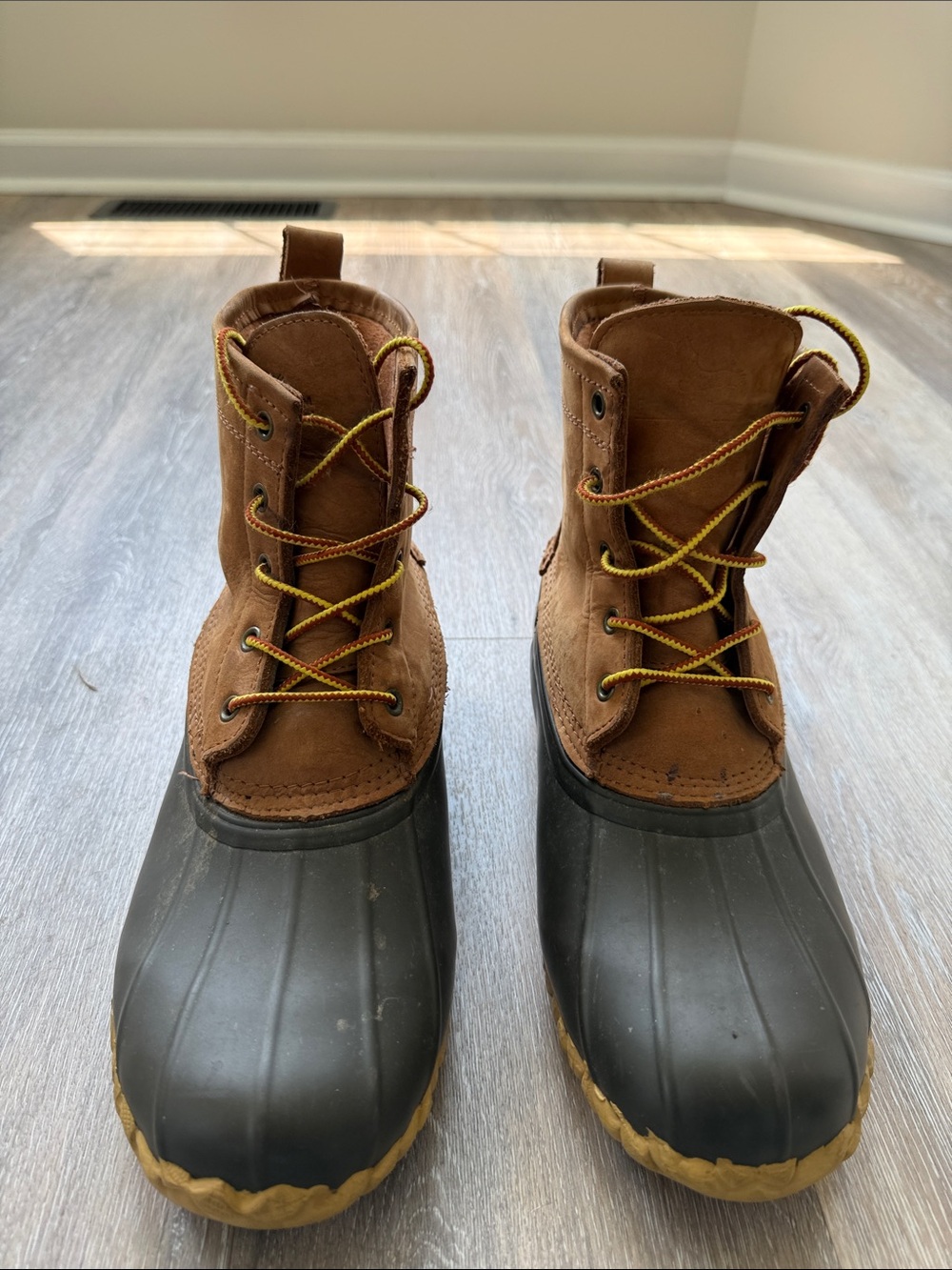 Field & Stream Brown Leather and Black Rubber Lace-Up Rain Boots
